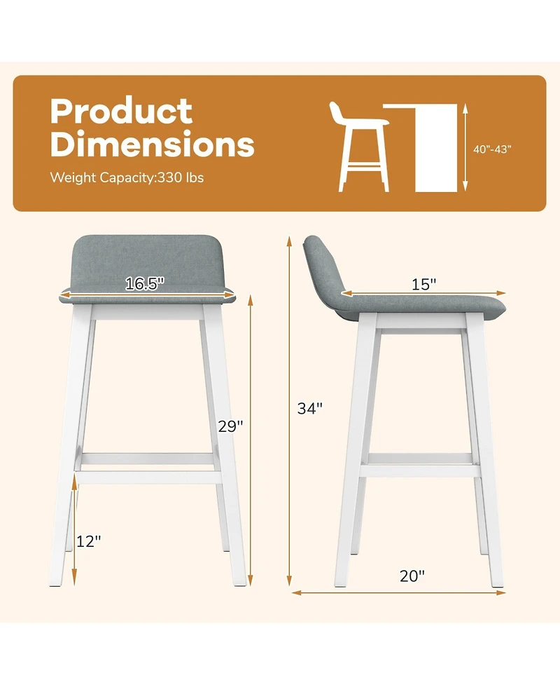 Gouun 29 in Low-Back Bar Stool Set of 2 with Padded Seat and Rubber Wood Legs