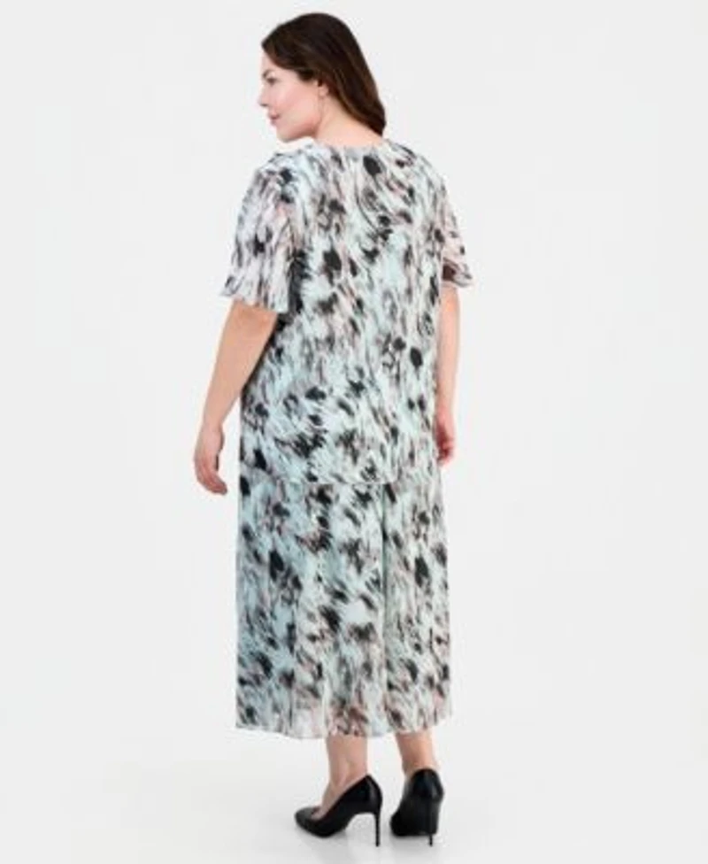 Kasper Plus Size Printed Ruffled Flutter Sleeve Blouse Printed Pull On Midi Skirt