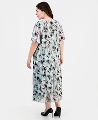 Kasper Plus Size Printed Ruffled Flutter Sleeve Blouse Printed Pull On Midi Skirt