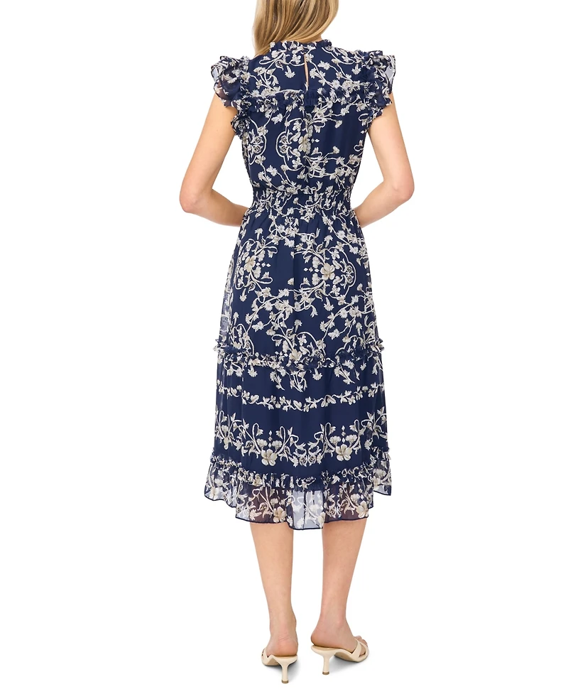 CeCe Women's Flutter-Sleeve Crewneck Smocked Waist Midi Dress