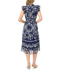CeCe Women's Flutter-Sleeve Crewneck Smocked Waist Midi Dress