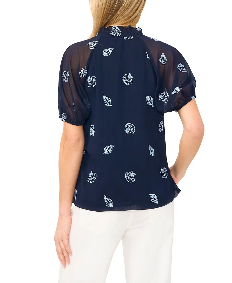 CeCe Women's Embroidered Split V-Neck Blouse