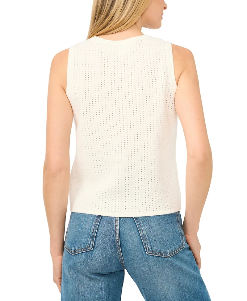 CeCe Women's Pointelle Sleeveless Button-Up Cotton Tank Top