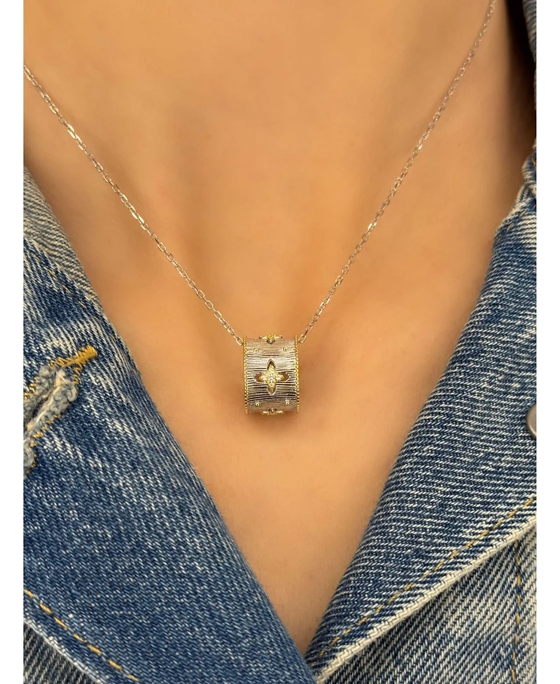 Suzy Levian Sterling Silver Cubic Zirconia Brushed Italian Florentine Barrel Loop Pendant