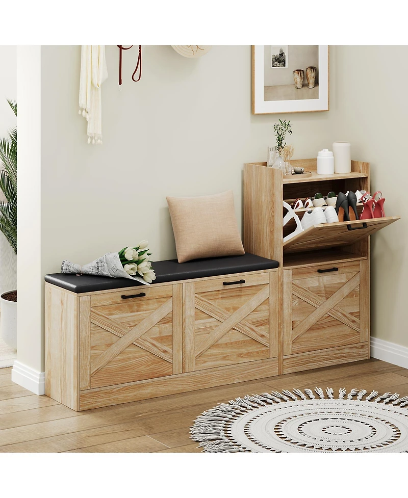 homfan Shoe Storage Bench with 4 Flip Drawers and Padded Seat for Entryway