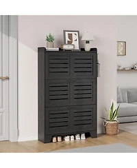 homfan Slim Shoe Cabinet with 2 Flip Drawers and Side Hooks, Deep Entryway Storage