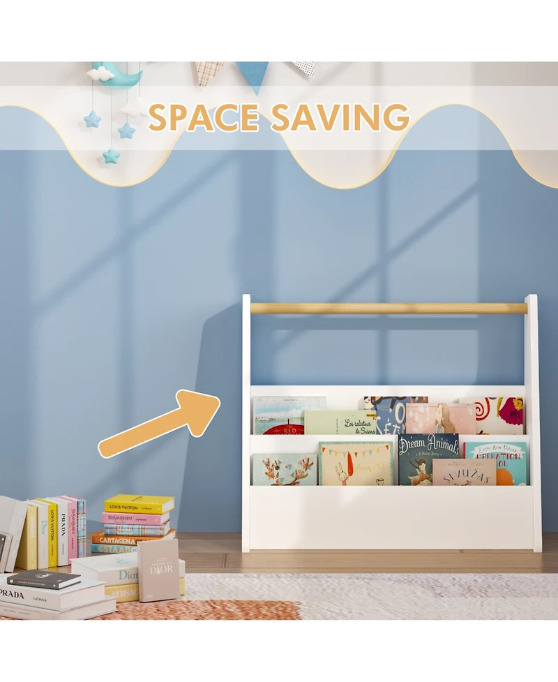 Rainsken Kids Bookshelf with Wooden Handle, 2-Tier Front-Facing Toddler Bookcase, Portable Book Storage Organizer for Nursery, Playroom