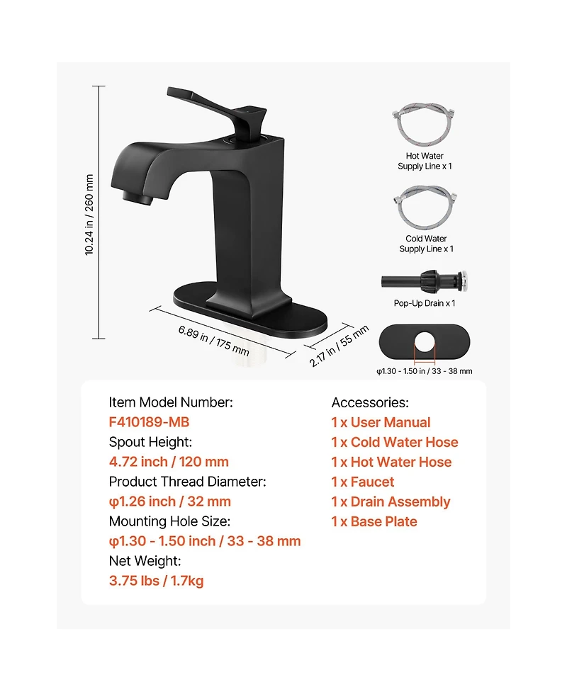 Busdays Waterfall Style Single Handle Sink Faucet with Push Button Drain for Kitchen Bathroom Rv Bar Sink Public Restroom