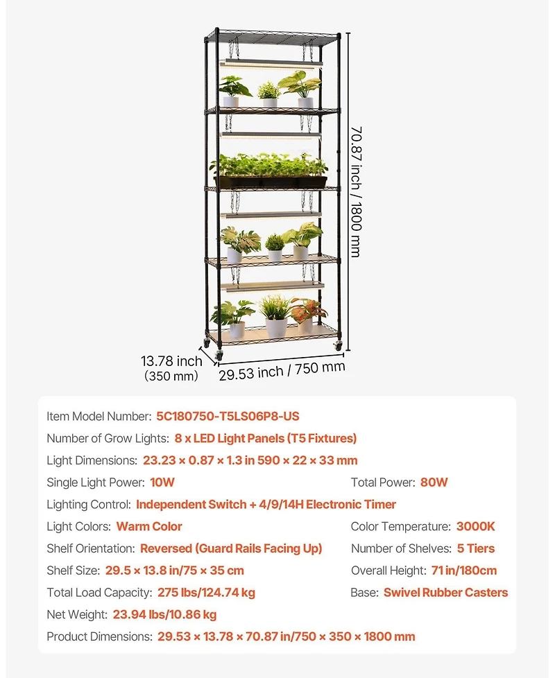 Sugift 5-Tier Indoor Plant Shelf with Grow Light 71 in Tall with Led Full Spectrum Lights