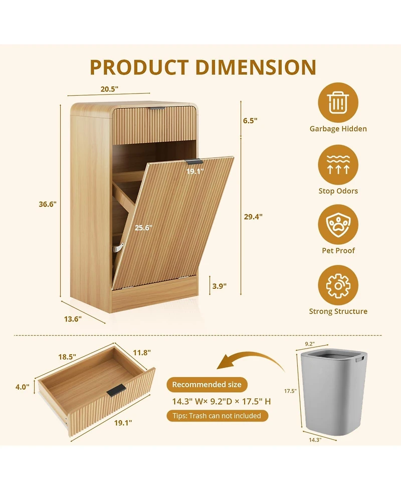 Yigii 10 Gallons Tilt-out Trash Can Cabinet Fluted Laundry Hamper Drawers Freestanding Pet Proof Kitchen Living Room