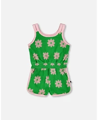 Deux par Deux Little Girls Terry Cloth Sleeveless Jumpsuit Green Printed Flowers