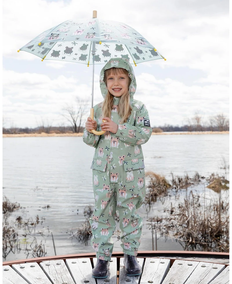 Deux par Little Girls Polyurethane Frog Print Rain One-Piece