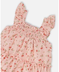 Deux par Deux Little Girls Multi-Tiered Dress with Smocking Pink Printed Flowers