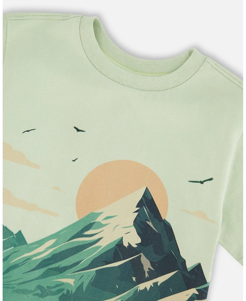 Deux par Deux Little Boys Cotton Jersey T-Shirt with Mountain Print Sage