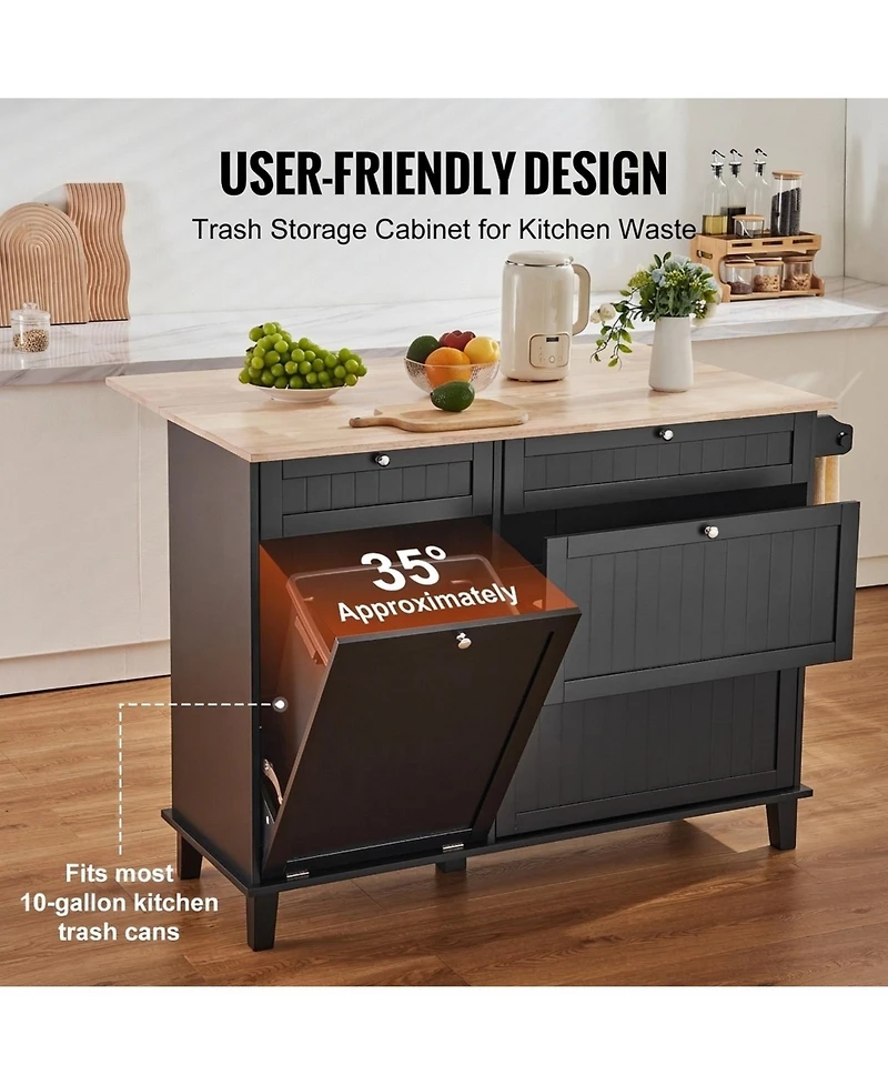 Sugift 50in Wood Top Kitchen Island Cart with Trash Cabinet and 4 Drawers Farmhouse Dining Table