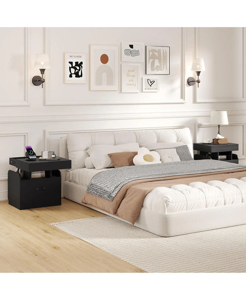 sumyeg Nightstand with Charging Station Modern Bedside Table for Living Room Bedroom Office