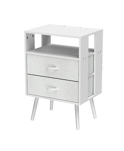 sumyeg Modern Nightstand Set of 2 with Charging Station, Led Light and Fabric Drawers