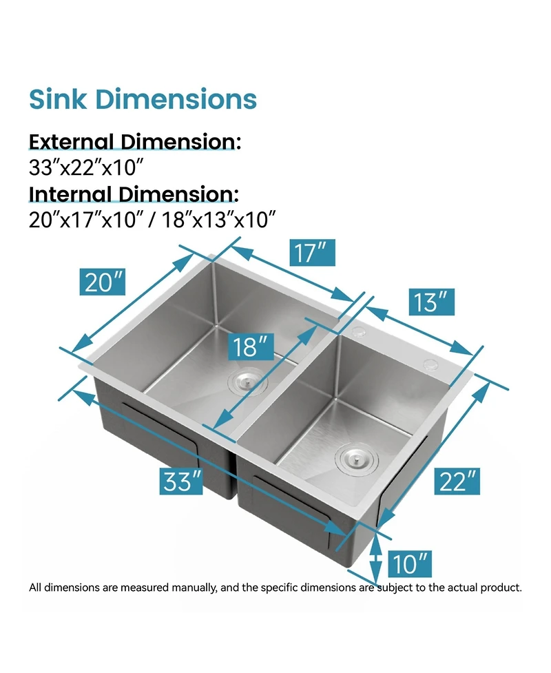 Busdays 33 x 19 Inch Embedded Double Bowl Kitchen Sink Overmount Handmade Brushed Stainless Steel