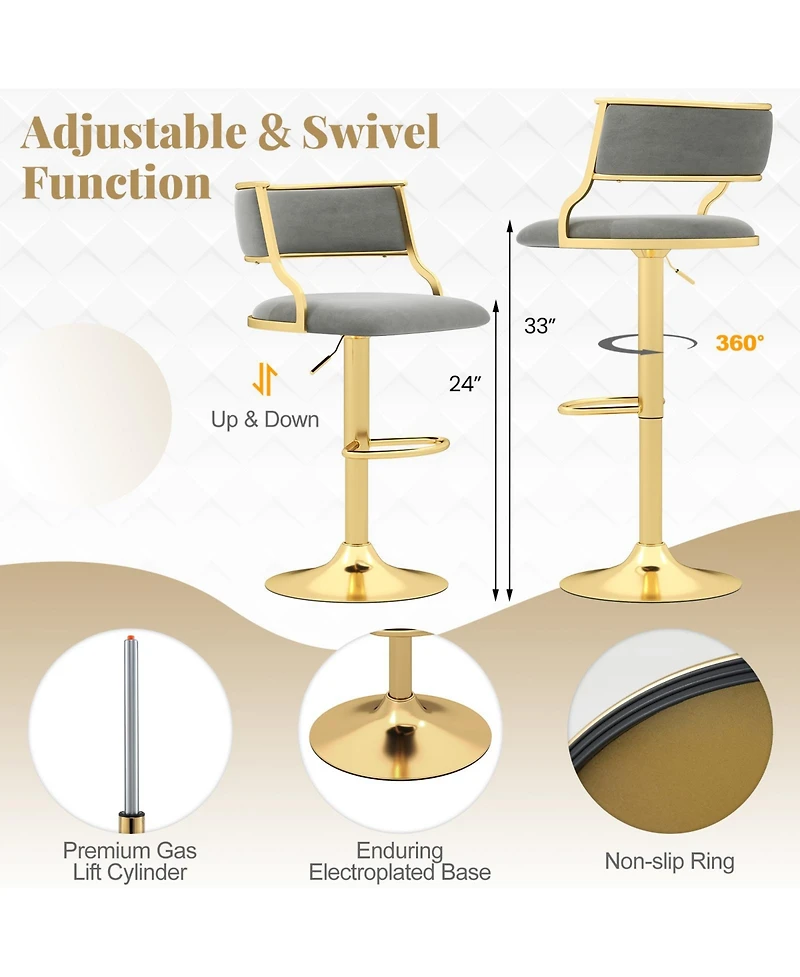 Gouun Height Adjustable Velvet Swivel Bar Stool Set of 2 with Barrel Back and Footrest