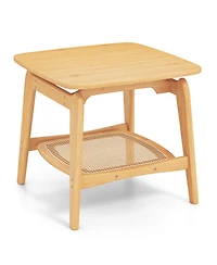 sumyeg Boho Bamboo Sofa Side Table with Faux Rattan Storage Shelf