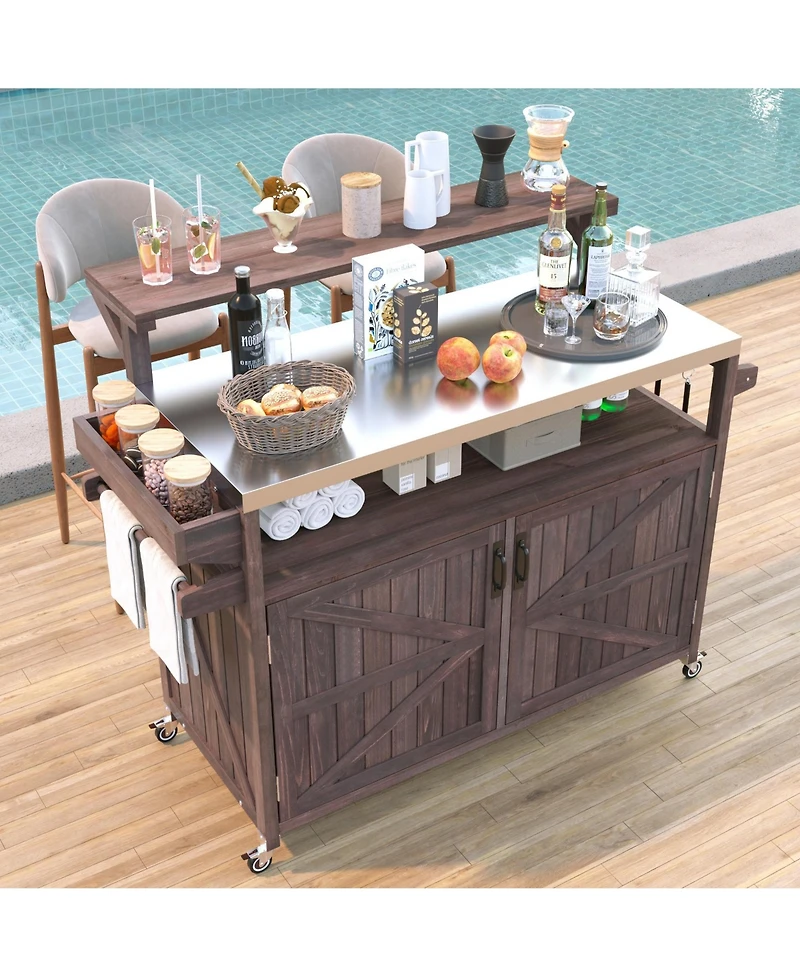 sumyeg 53.3inch Outdoor Kitchen Island with Raised Shelf, Solid Wood Storage Cabinet, Rolling Grill Cart Rack, Adjustable Shelf and Spice Rack