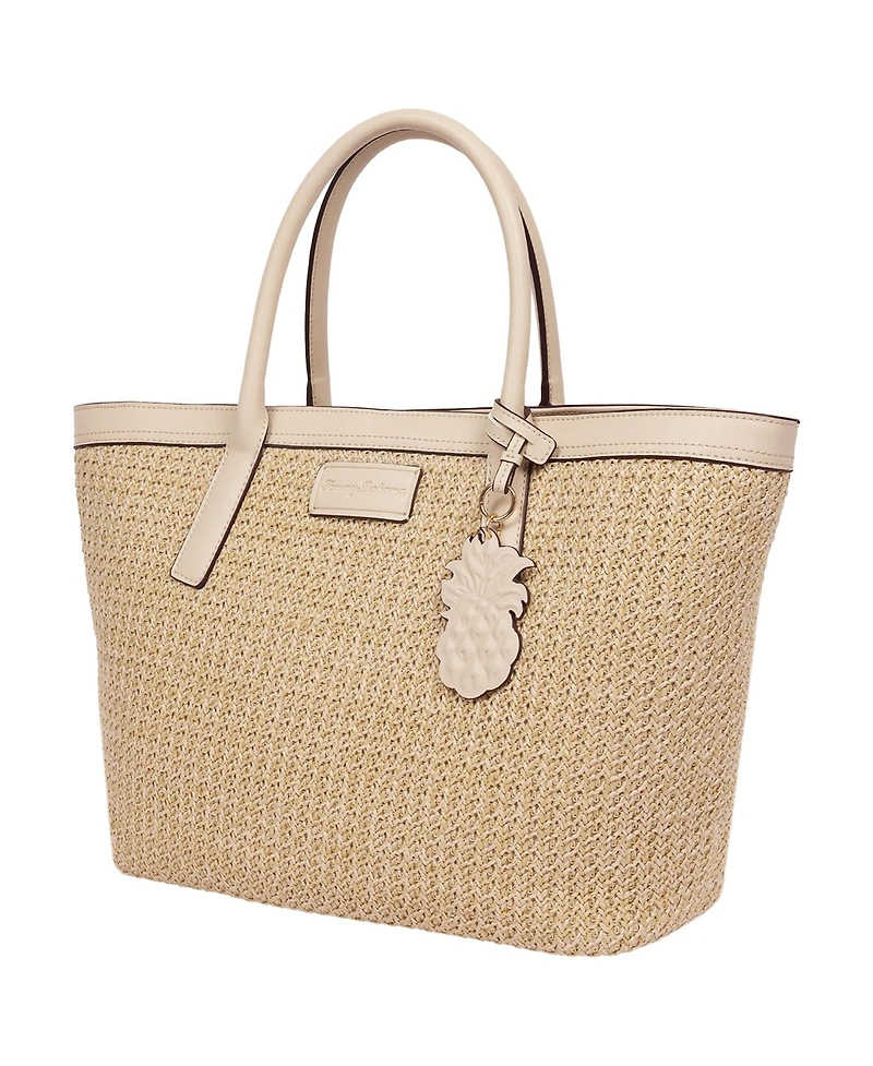 Tommy Bahama Raffia and Pu Large Logo Tote – Woven Straw Beach Tote with Pineapple Charm