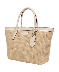 Tommy Bahama Raffia and Pu Large Logo Tote – Woven Straw Beach Tote with Pineapple Charm