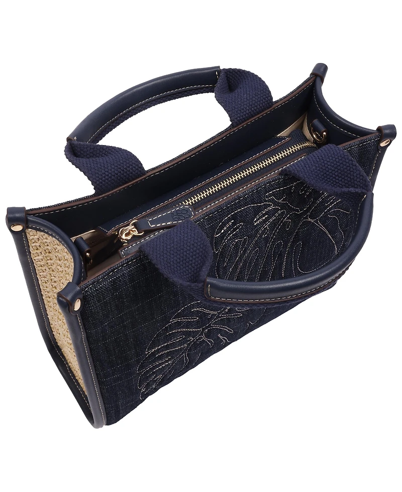 Tommy Bahama Dorothy Medium Denim Tote – Embroidered Leaf Convertible Top Handle and Crossbody Bag