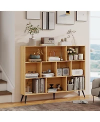 Gaomon 10 Cube Bookshelf, 3 Tier Modern Wide Bookcase with Legs, Mid-Century Wood Bookshelves Storage, Natural Large Book Case