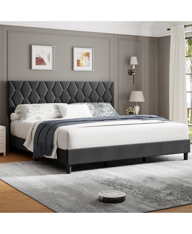 gaomon Bed Frame with Upholstered Headboard, Frame, Heavy-Duty Platform Strong Wood Slats