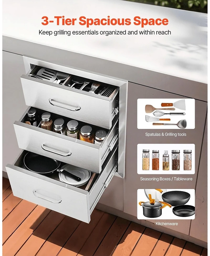 Sugift Outdoor Kitchen Stainless Steel Bbq Triple Access Drawers 18in x 23in x 23in