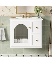 Sillysis 24" Wall Mount Bathroom Vanity with Glass Door, Ceramic Sink & 2 Drawers, Space Saving Storage for Small Bathrooms-Sillysis
