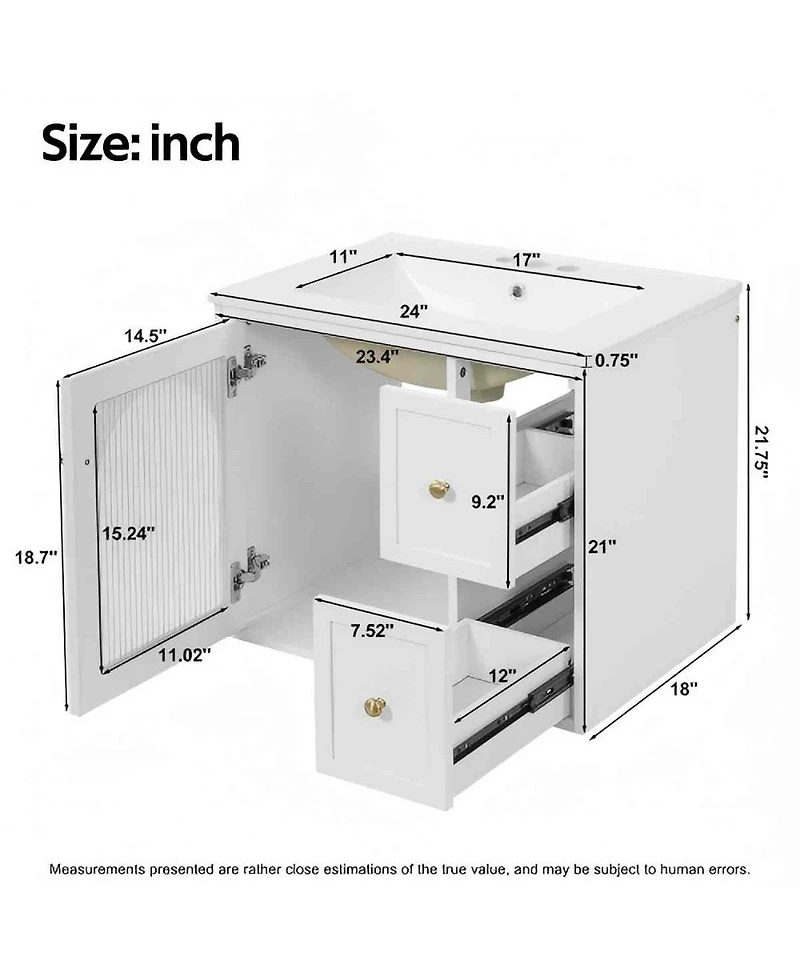 Sillysis 24" Wall Mount Bathroom Vanity with Glass Door, Ceramic Sink & 2 Drawers, Space Saving Storage for Small Bathrooms-Sillysis