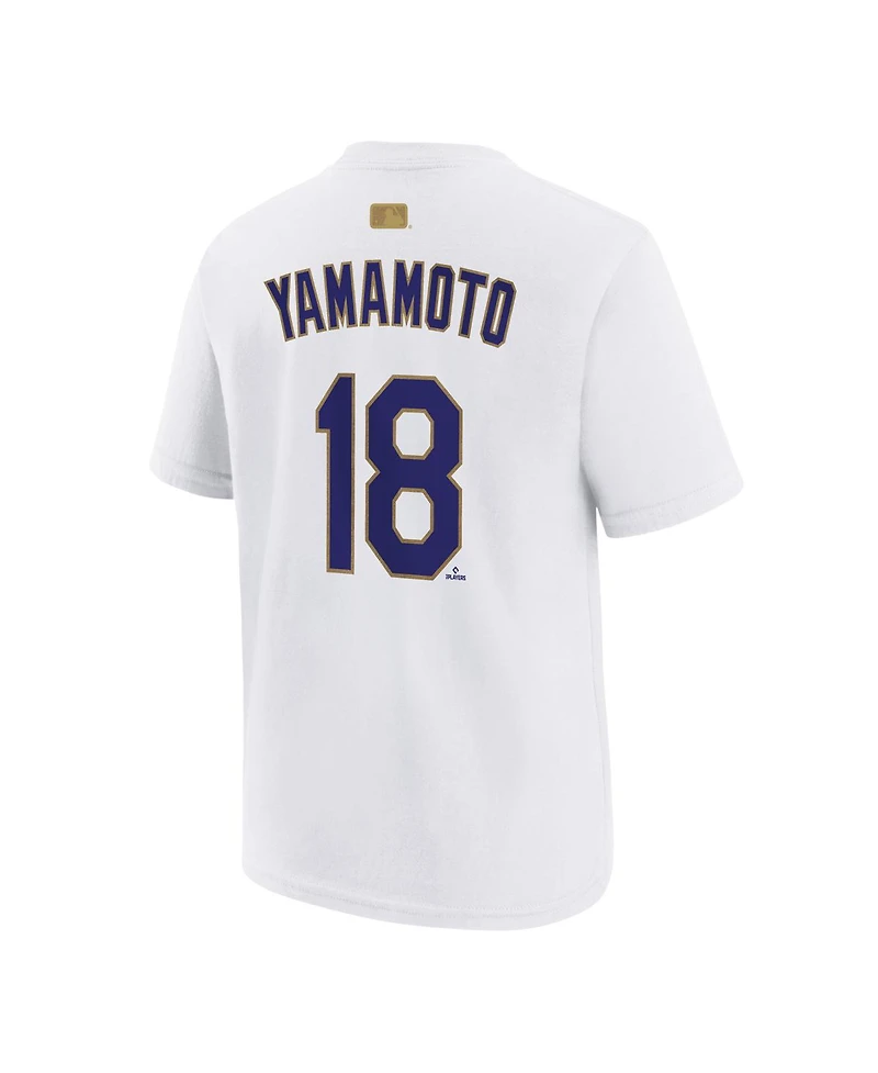 Nike Big Boys and Girls Yoshinobu Yamamoto White Los Angeles Dodgers 2026 Gold Collection Name Number T-Shirt