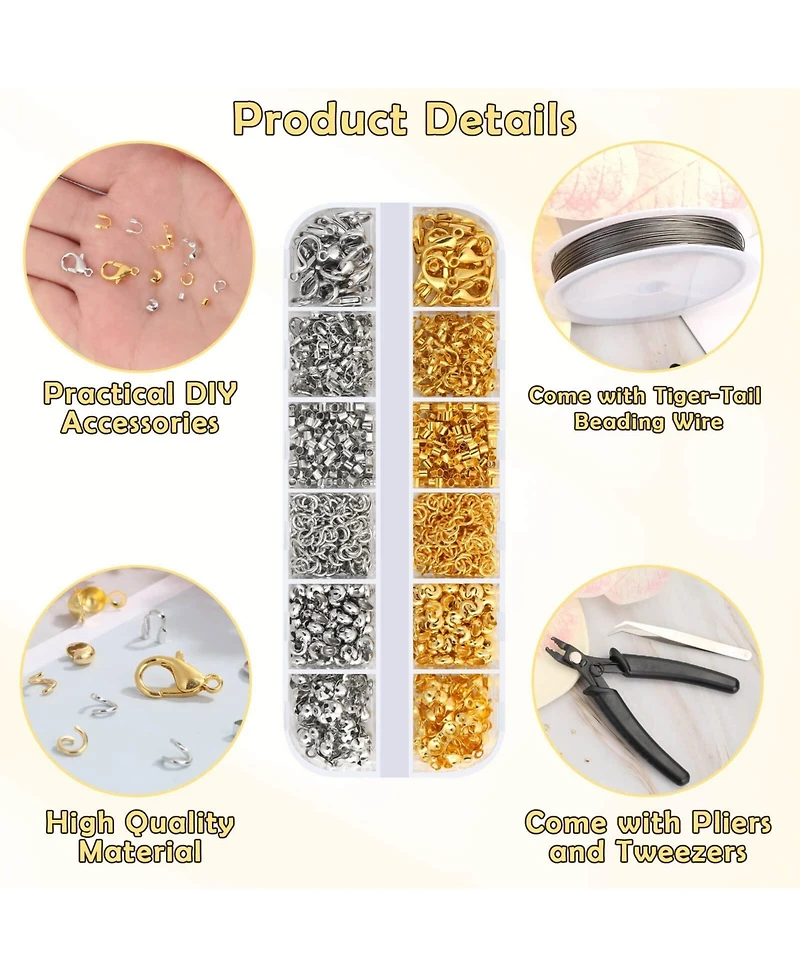 Gnuadz 1200 Crimp Beads Kit Covers Tubes Wire Guardians Clasps Jump Rings Pliers Bracelets