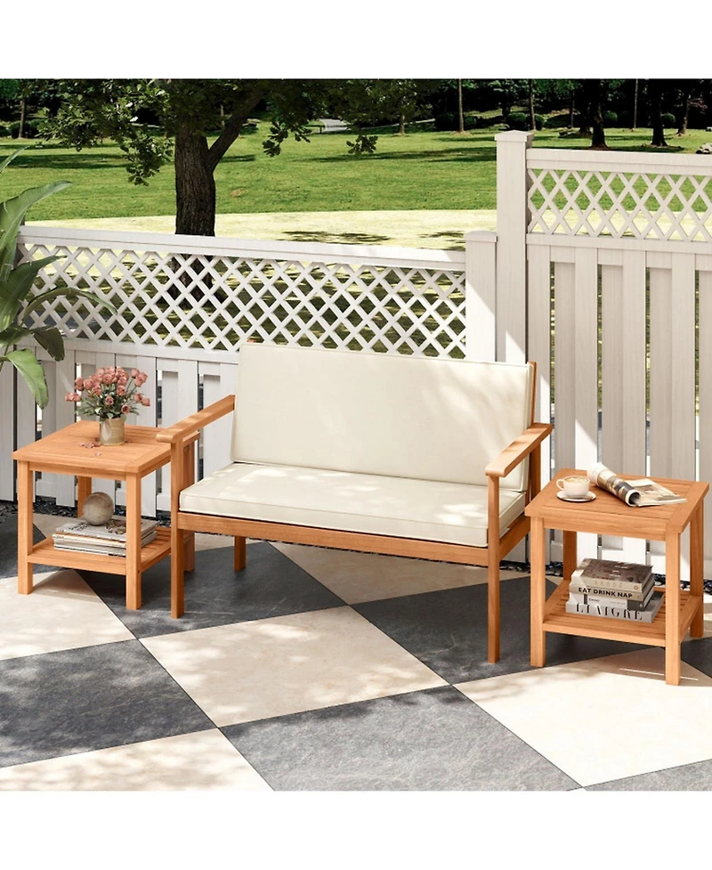 Gouun Acacia Wood 2-Tier Patio Side Table Set of 2 with Slatted Tabletop