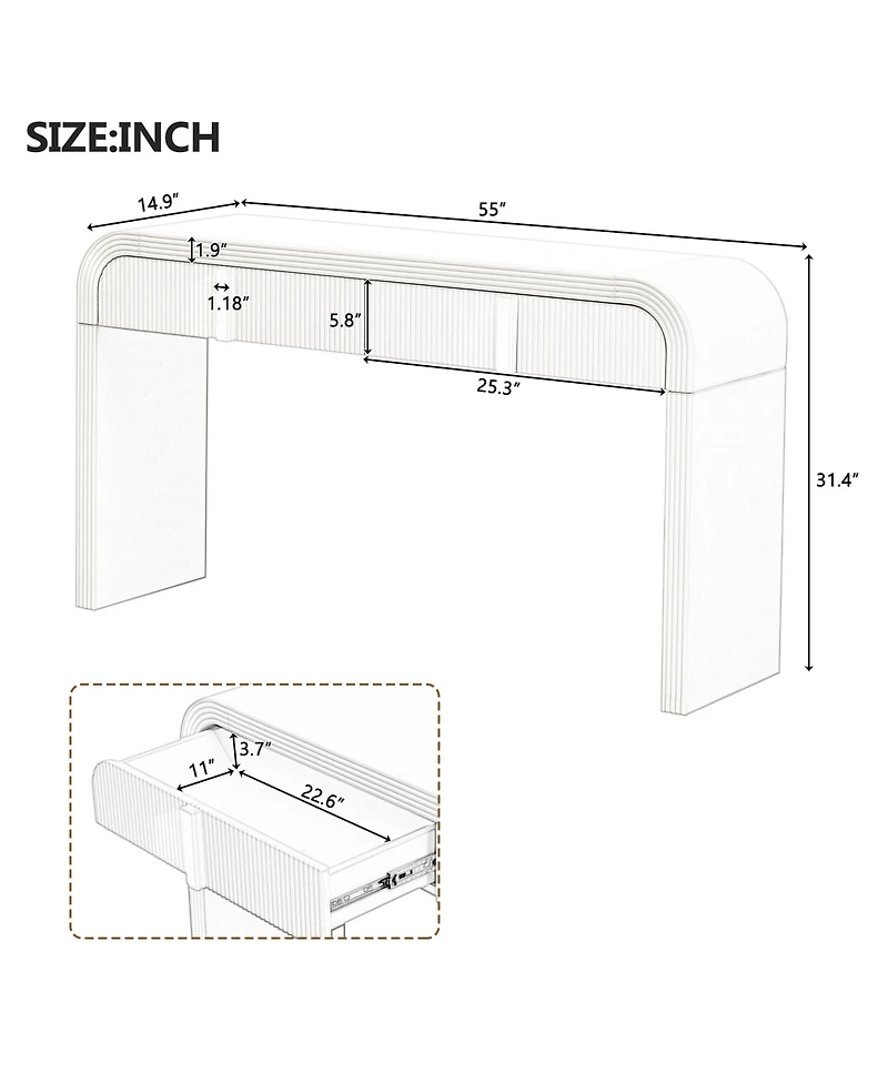 Rainsken 55" Modern Fluted Sofa Table, Curved Wood Console Table with Dual Storage Drawers for Entryway, Living Room and Hallway