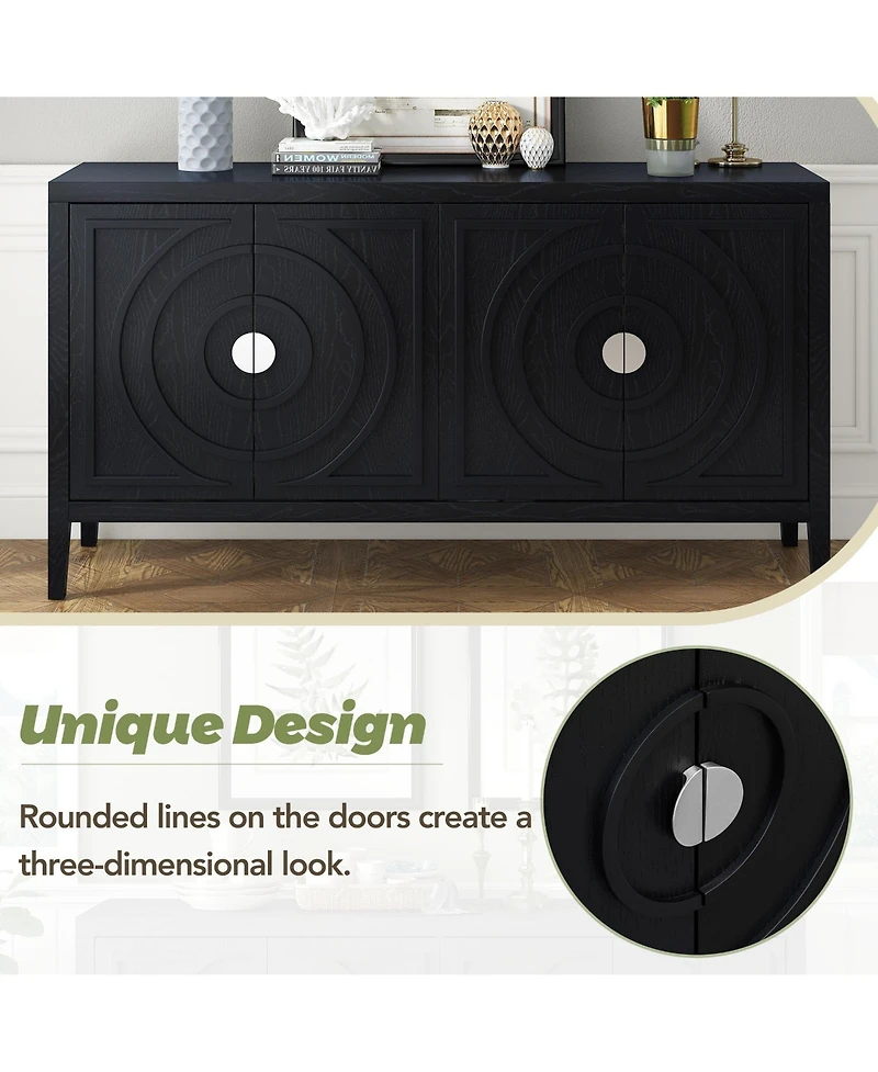 Rainsken Retro Storage Sideboard, 4-Door Buffet Cabinet with Circular Groove Design and Round Metal Handles for Living Room and Dining Room