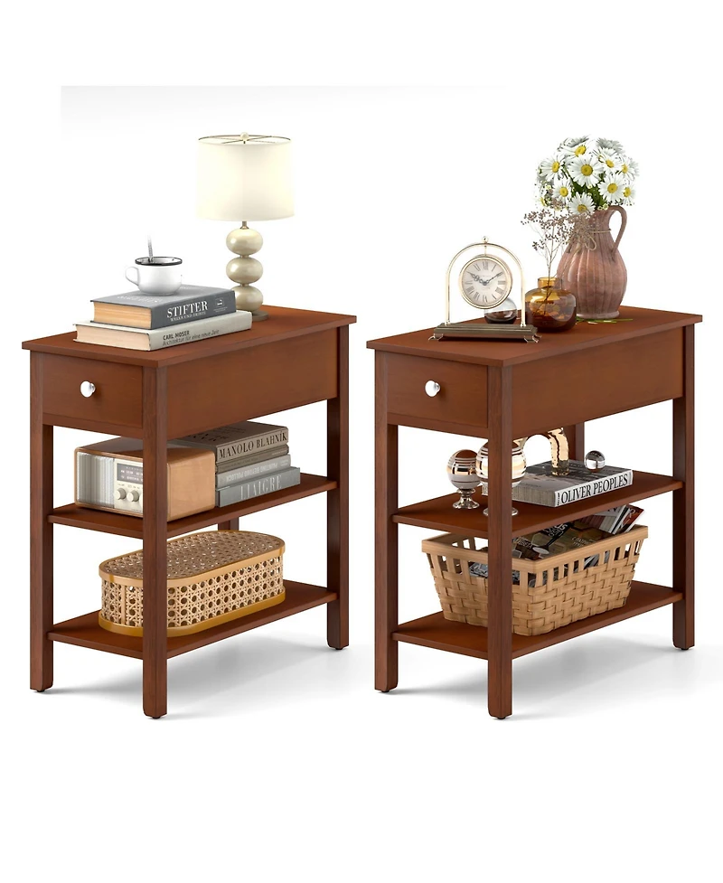 Gouun Set of 2 3-Tier Narrow End Tables with Drawer and Storage Shelves