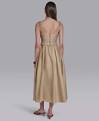 Halston Women's Boat Neck Sleeveless Pleated Midi Dress
