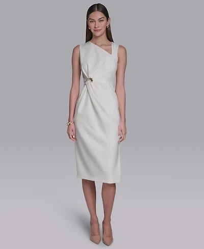 Halston Women's Asymmetrical Neck Midi Dress