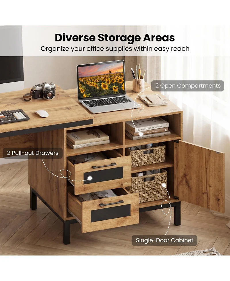 Slickblue 71 Inch Office Desk with Drawers and Open Storage Shelves