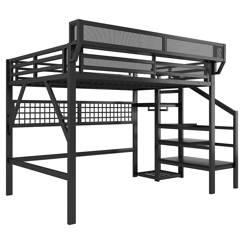 Streamdale Furniture Metal Loft Bed with Stairs, Light and Storage