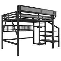 Streamdale Furniture Metal Loft Bed with Stairs, Light and Storage