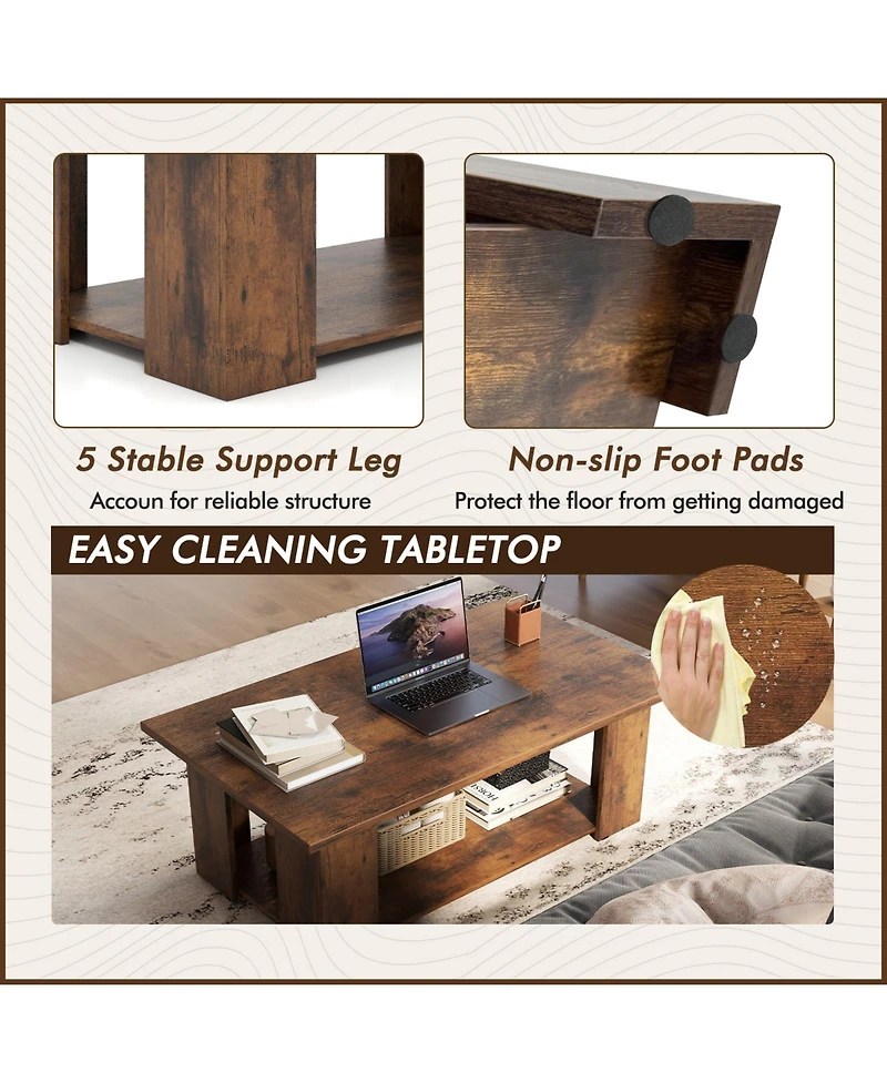 Gouun 41-Inch 2-Tier Wooden Coffee Table with Open Storage Shelf