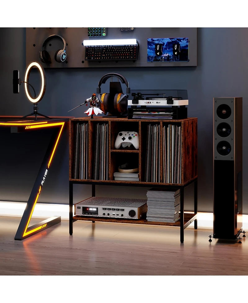 Gouun Record Player Stand with Charging Station and Six Vinyl Compartments