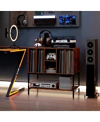 Gouun Record Player Stand with Charging Station and Six Vinyl Compartments