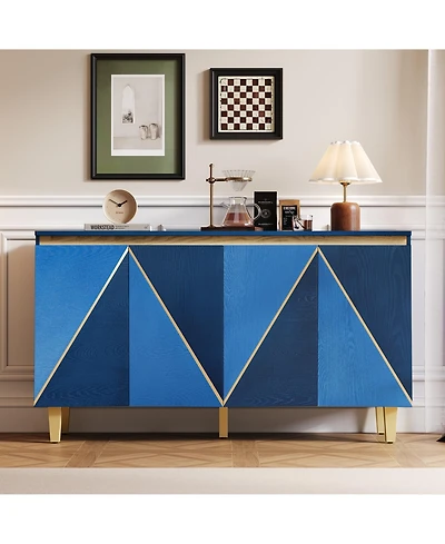 Rainsken 60" Vintage Buffet Sideboard, 4-Door Storage Cabinet with Textured Dimensional Doors and Adjustable Shelving for Kitchen and Living Room