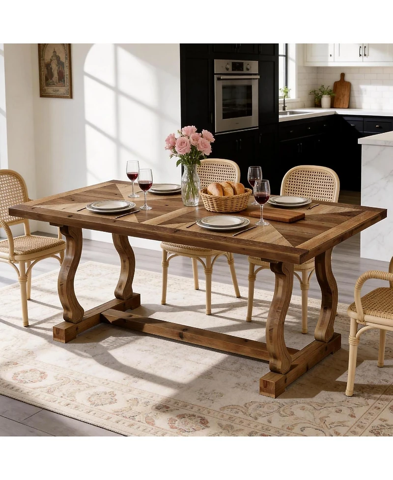 Tribesigns Solid Wood Dining Table for 4-6 People, 63" Farmhouse Rectangle Kitchen Table with Diamond Parquetry Top and S-Scroll Legs