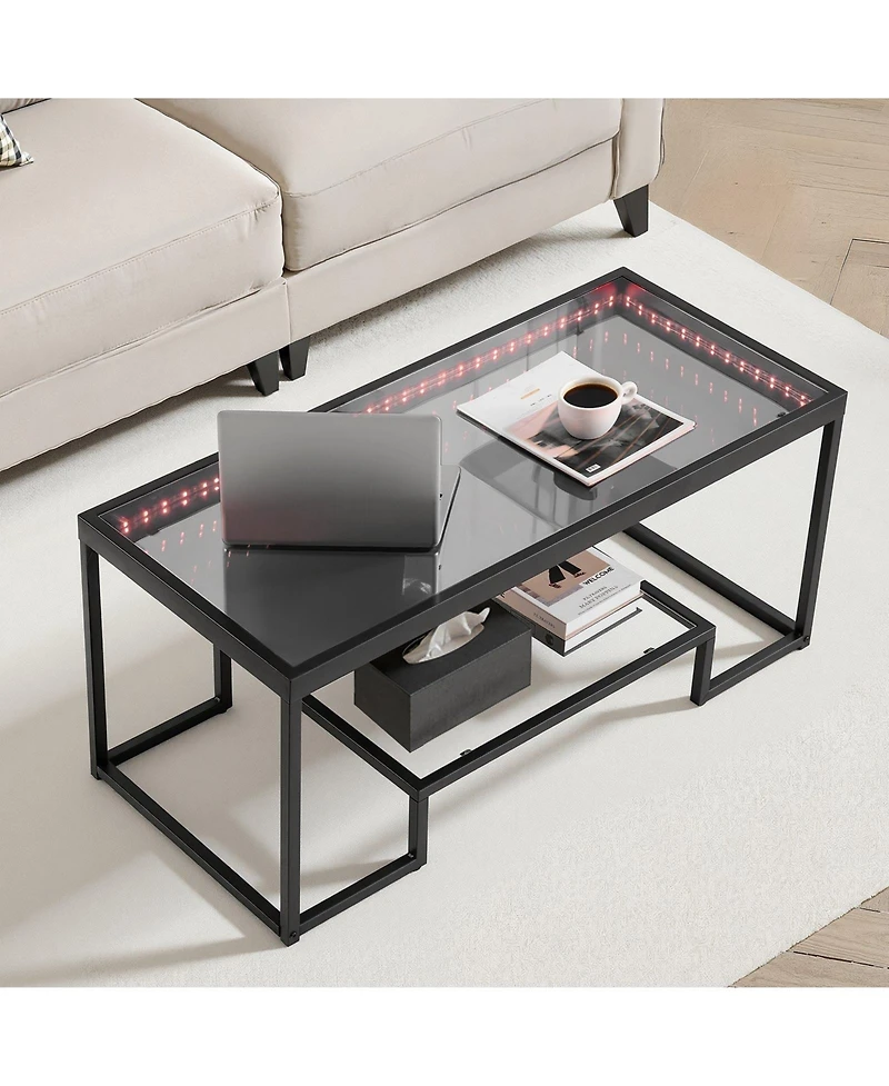 Gouun Led-Lit Tempered Glass 2-Tier Coffee Table with Metal Frame